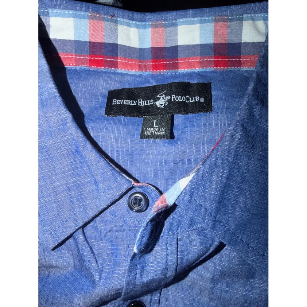 Beverly Hills Polo Club Mens Blue Short Sleeve‎ Button Down Shirt Plaid Trim L